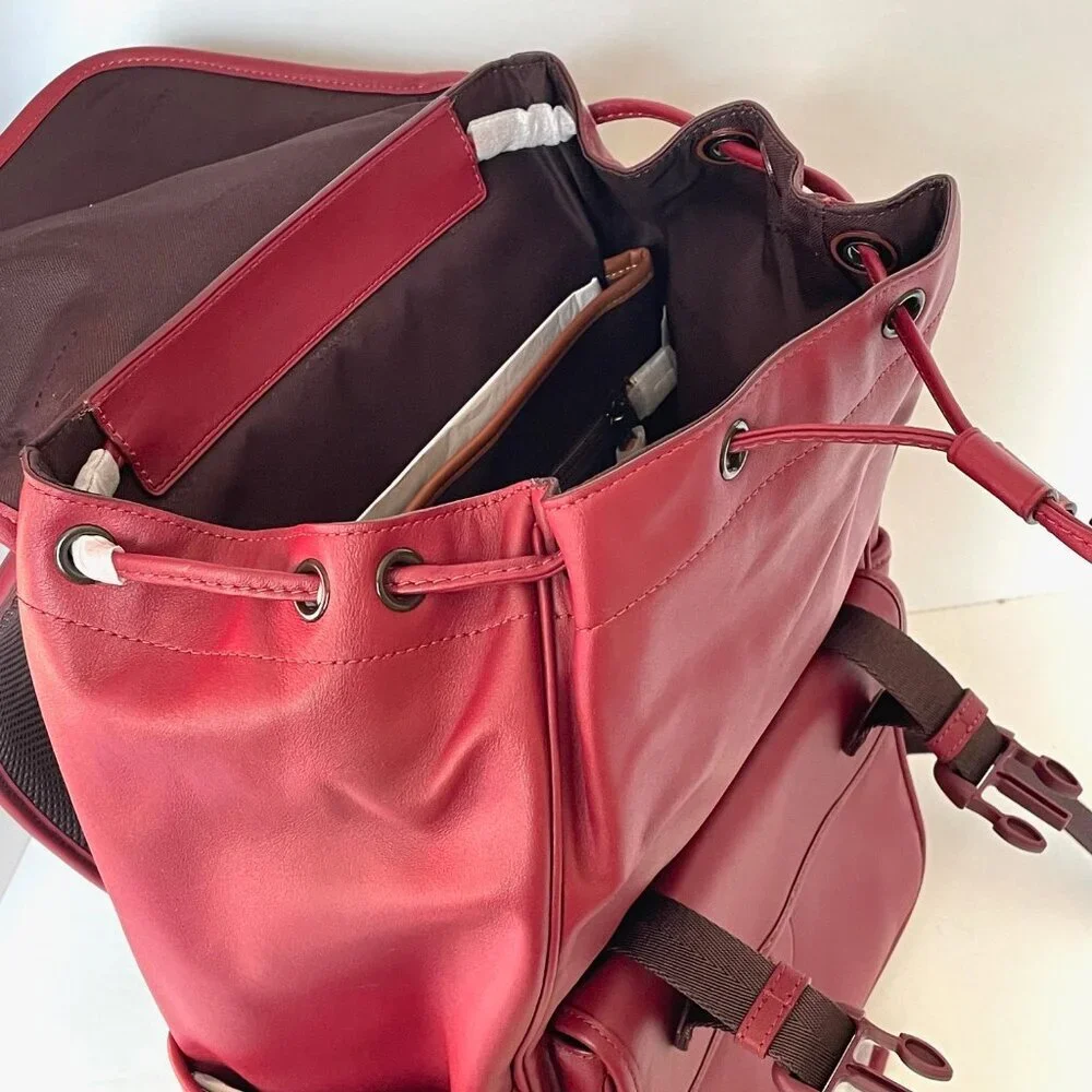 Coach League Flap Backpack Dark Ruby Leather Laptop Bag Mens